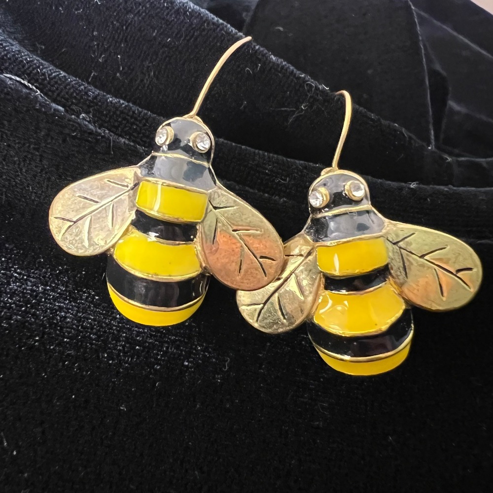 Vintage Enamel Bumble Bee Drop Earrings Gold Tone Yellow Black Rhinestone Eye